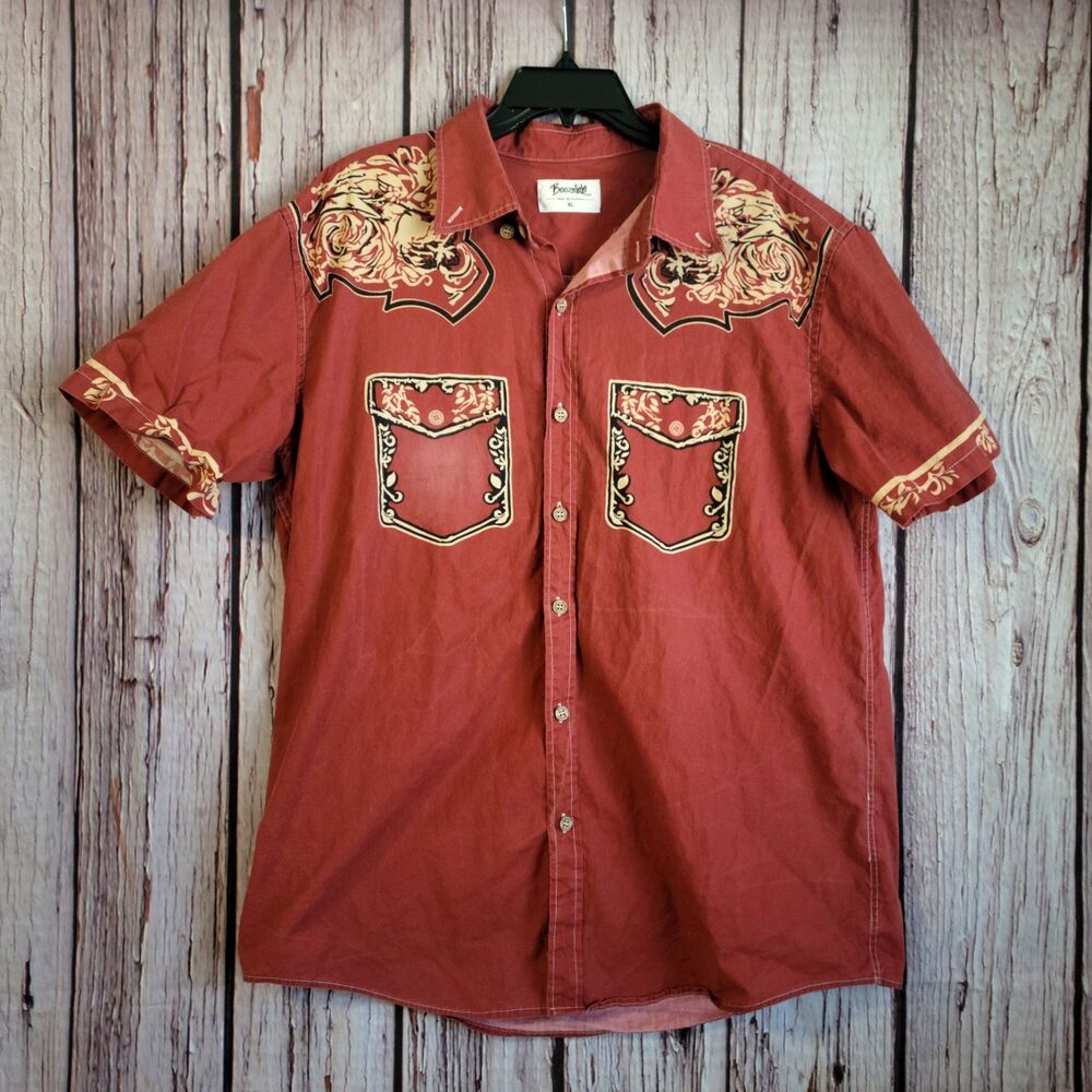 Boozelele XL Western Shirt Floral Paisley Drawn-On Pockets Button Terracotta